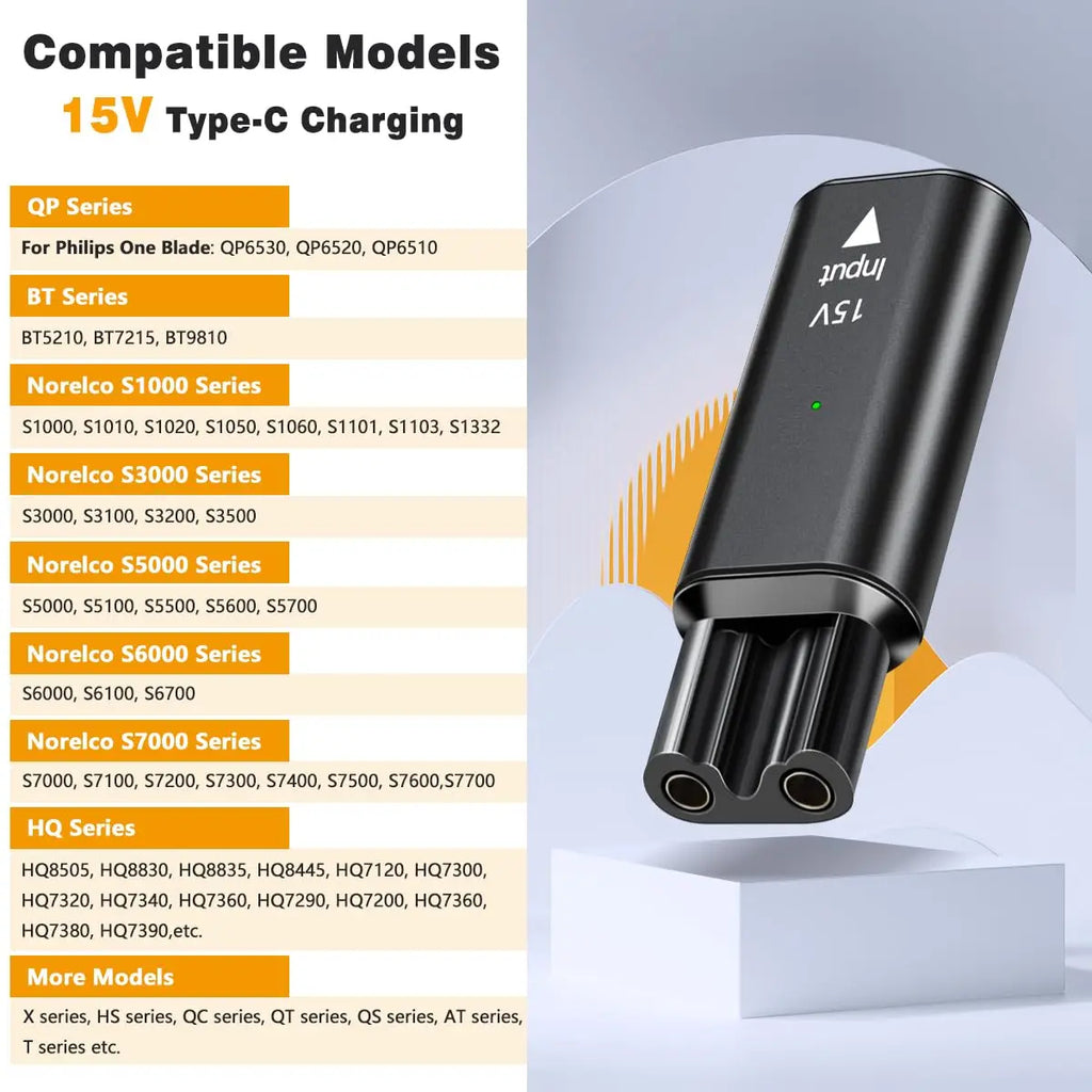 Brangdy 15V HQ8505 Type-C Shaver Adapter Charging Converter for Philips One Blade Pro QP6520 QP6530 QP6510 Beard Trimmer